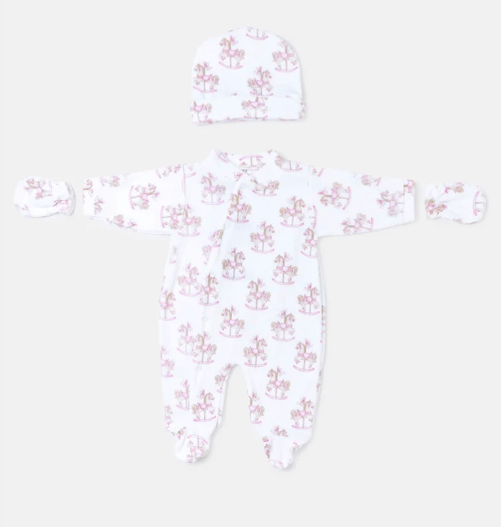Pink Velour Baby Girls Carousel Sleepsuit Set with Hat & Mittens, 0-3 Months - small fitting
