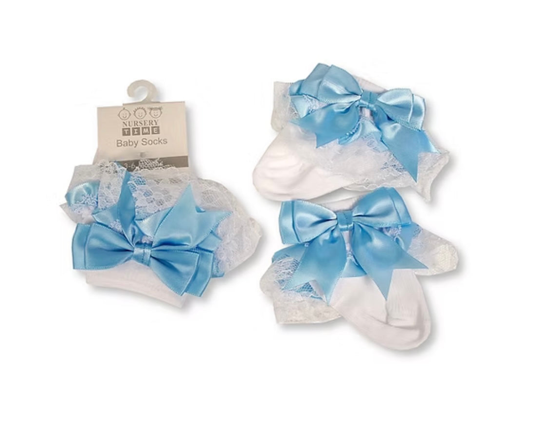 Sky Blue Baby Girls Bow & Frilly Lace Socks