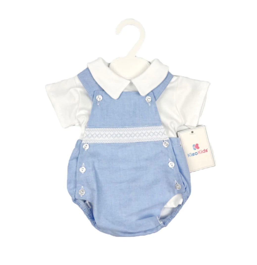 Blue Baby Boys Dungaree Romper & White Collared Tshirt Set