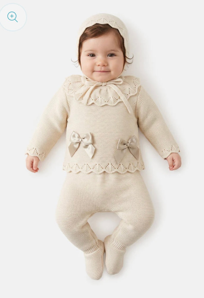 Beige Baby Girls Three Piece Box Set , Top, Trousers & Bonnett , 0-3 Months