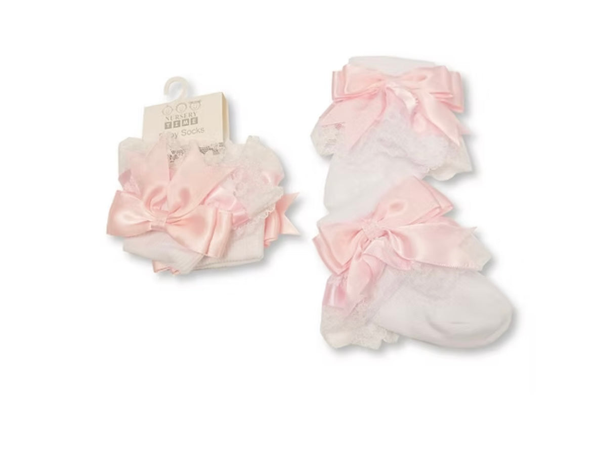 Baby Girls Light Pink Bow & Frilly Lace Socks