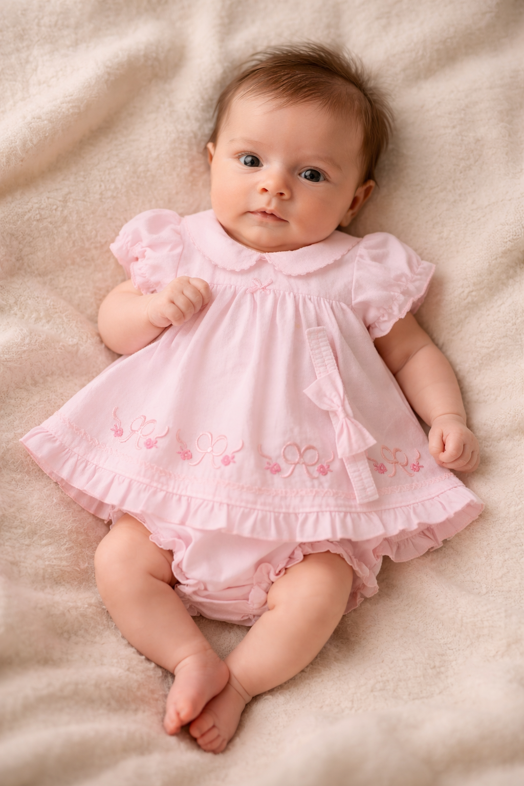 Baby Girls Pink Bow Dress, Bloomers & Headband Set