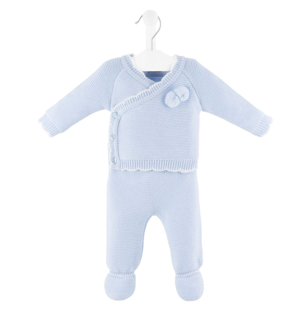 Baby Boys Sky Blue Knitted Two Piece Pom Pom Wrap Cardigan & Bottoms Set