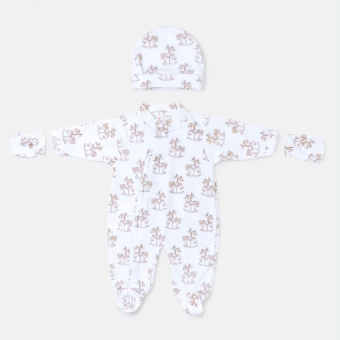 Beige Velour Baby Carousel Sleepsuit Set with Hat & Mittens, 0-3 Months - small fitting