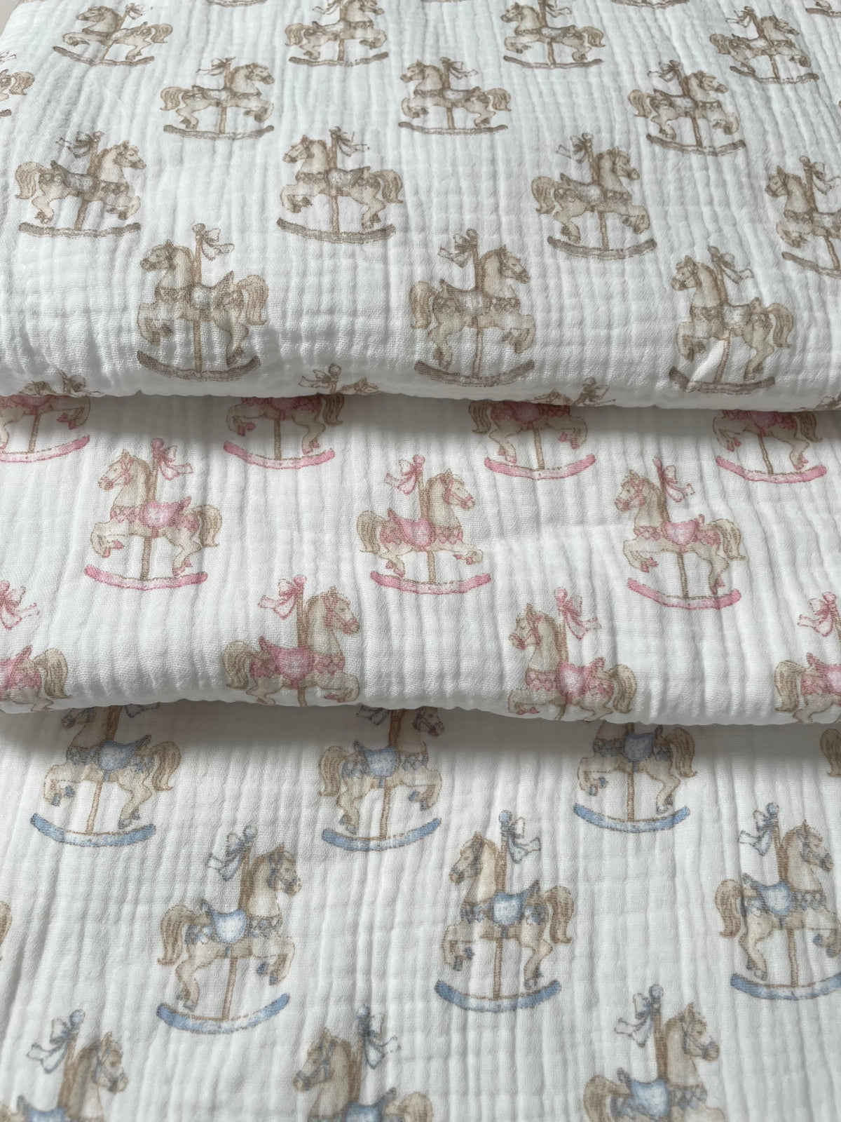 Baby Carousel Print Blanket - Beige, Blue or Pink - 90x90cm