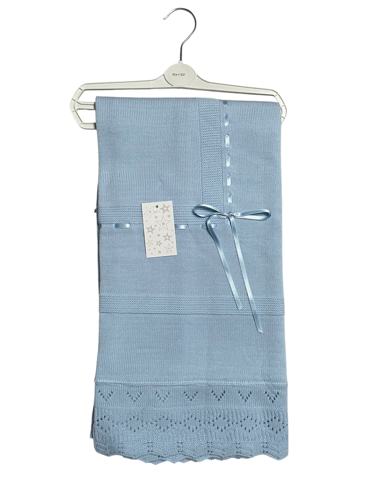 Blue Baby Boys Spanish Knitted Ribbon Trim Baby Blanket Shawl
