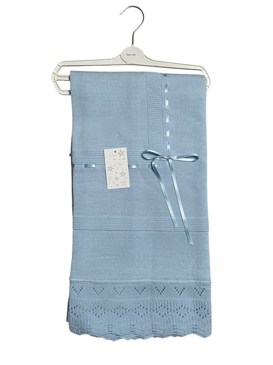 Blue Baby Boys Spanish Knitted Ribbon Trim Baby Blanket Shawl