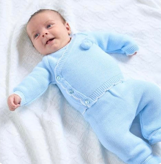 Baby Boys Sky Blue Knitted Two Piece Pom Pom Wrap Cardigan & Bottoms Set