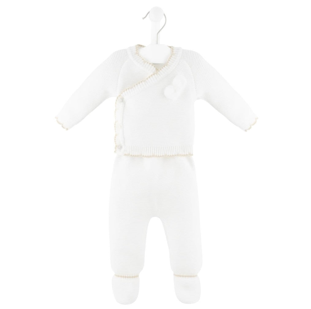 Unisex White/Taupe Knitted Two Piece Pom Pom Wrap Cardigan & Bottoms Set