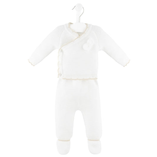 Unisex White/Taupe Knitted Two Piece Pom Pom Wrap Cardigan & Bottoms Set