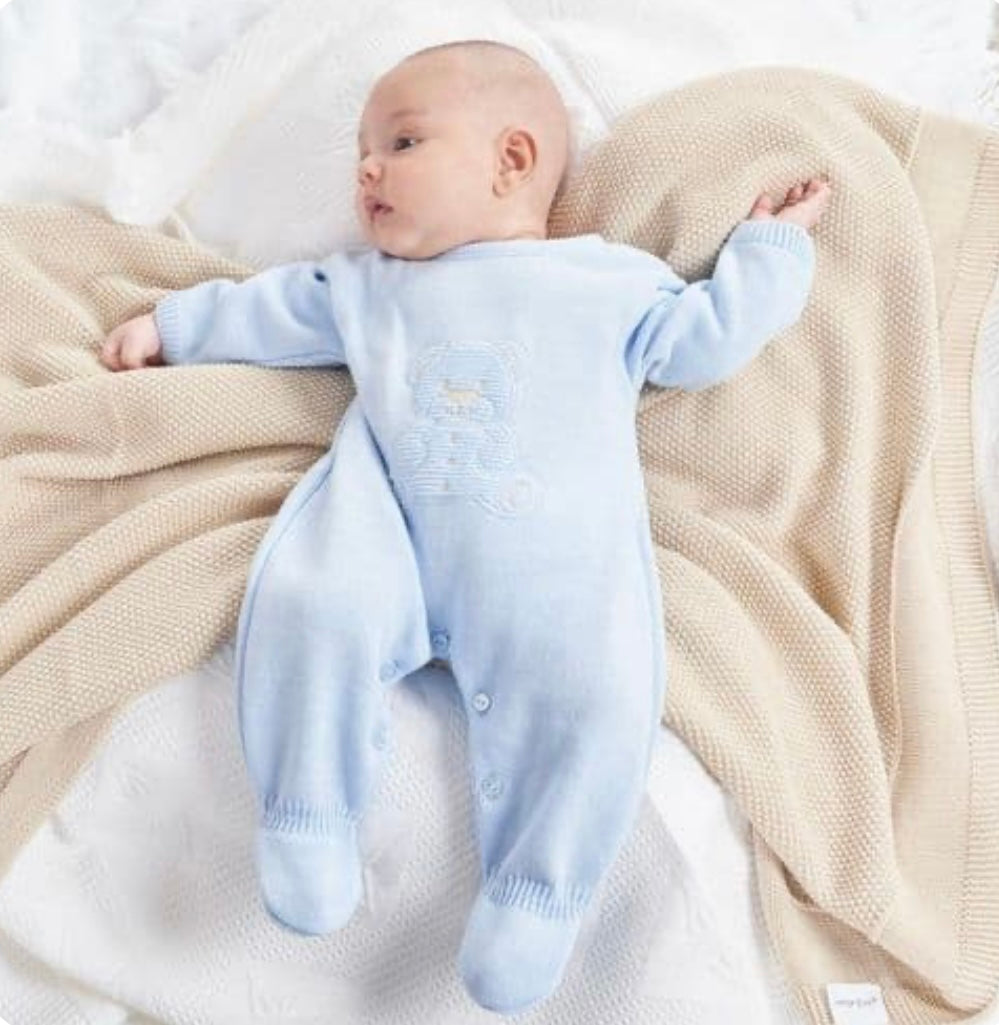 Baby Boys Sky Blue Teddy Knitted Baby Grow