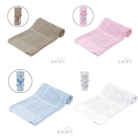 Soft Touch Cellular Cotton Baby Blanket - White, Pink, Taupe & Blue (70x90cm)