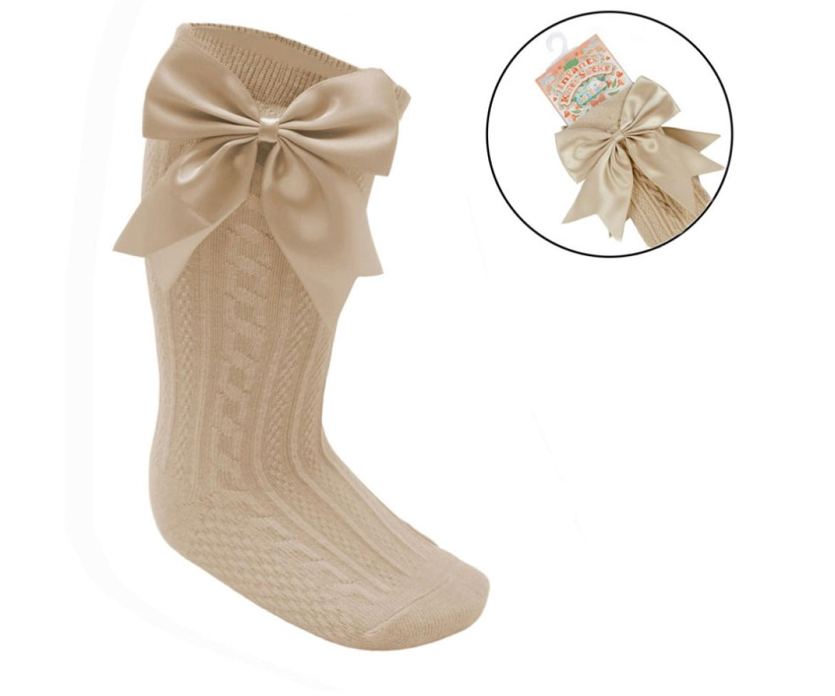 Baby Girls Beige Knee High Bow Socks