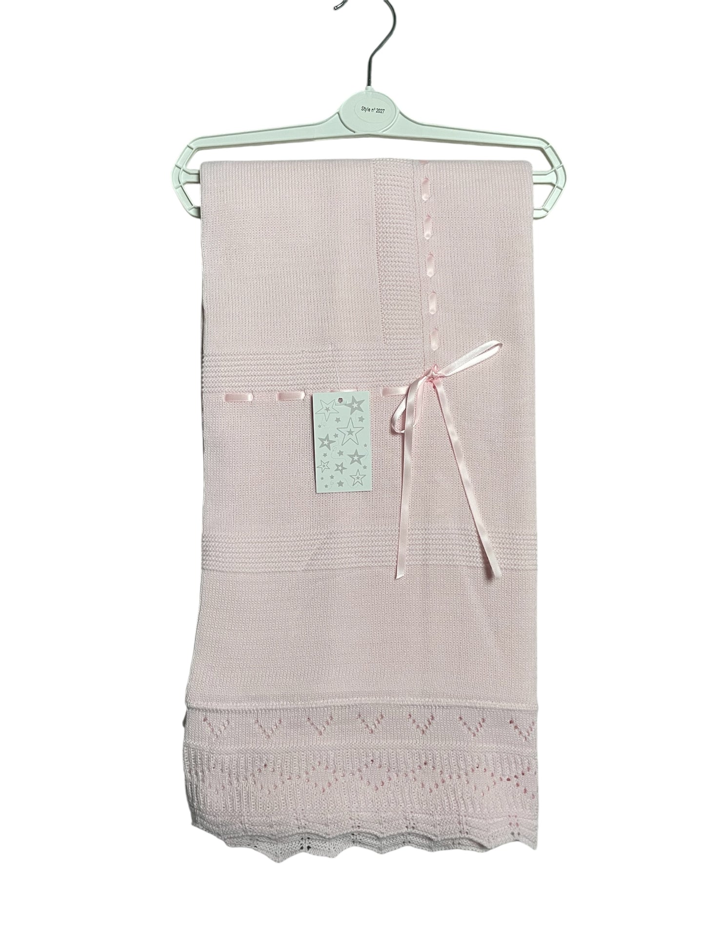 Pink Baby Girls Spanish Knitted Ribbon Trim Baby Blanket Shawl