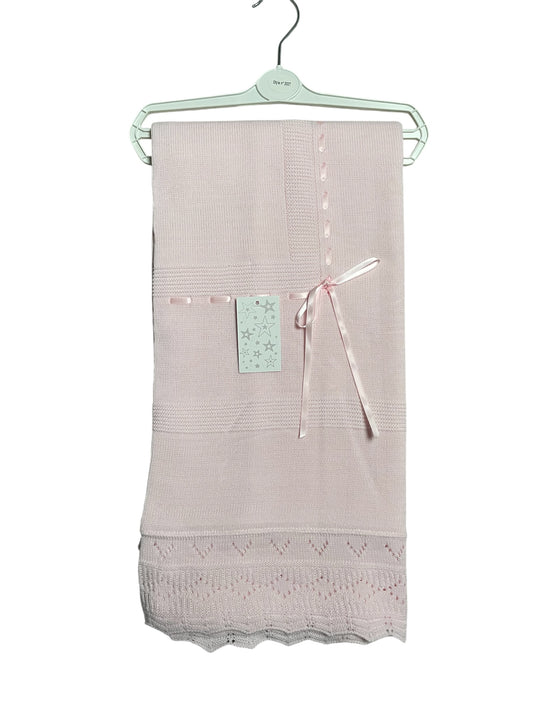 Pink Baby Girls Spanish Knitted Ribbon Trim Baby Blanket Shawl