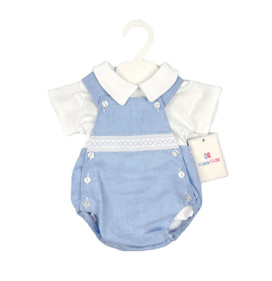 Blue Baby Boys Dungaree Romper & White Collared Tshirt Set
