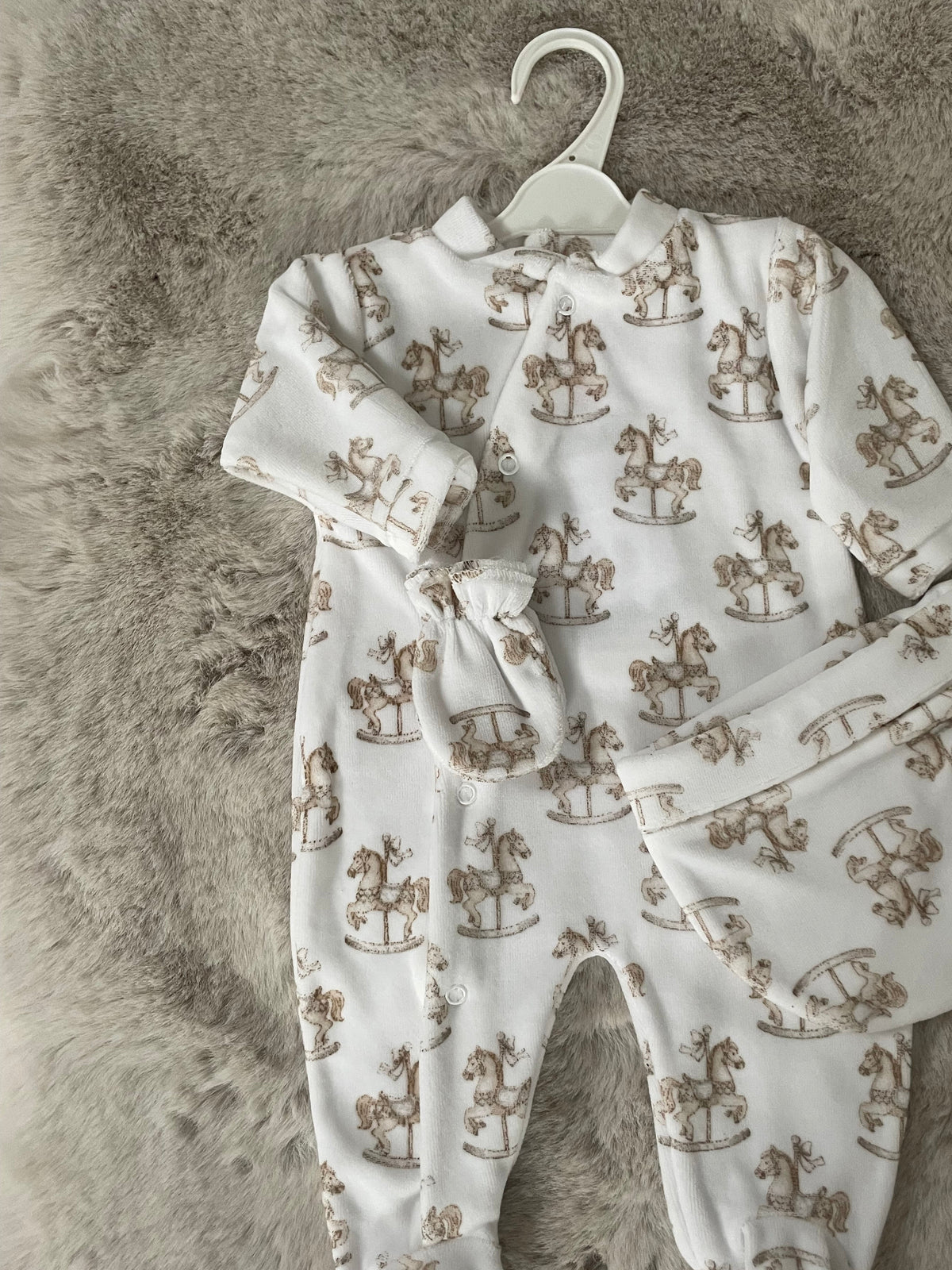 Beige Velour Baby Carousel Sleepsuit Set with Hat & Mittens, 0-3 Months - small fitting