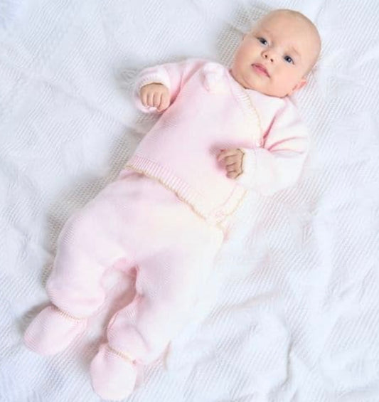 Baby Girls Pink/Taupe Knitted Two Piece Pom Pom Wrap Cardigan & Bottoms Set
