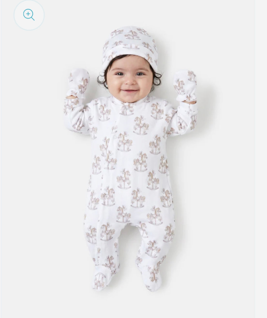Beige Velour Baby Carousel Sleepsuit Set with Hat & Mittens, 0-3 Months - small fitting