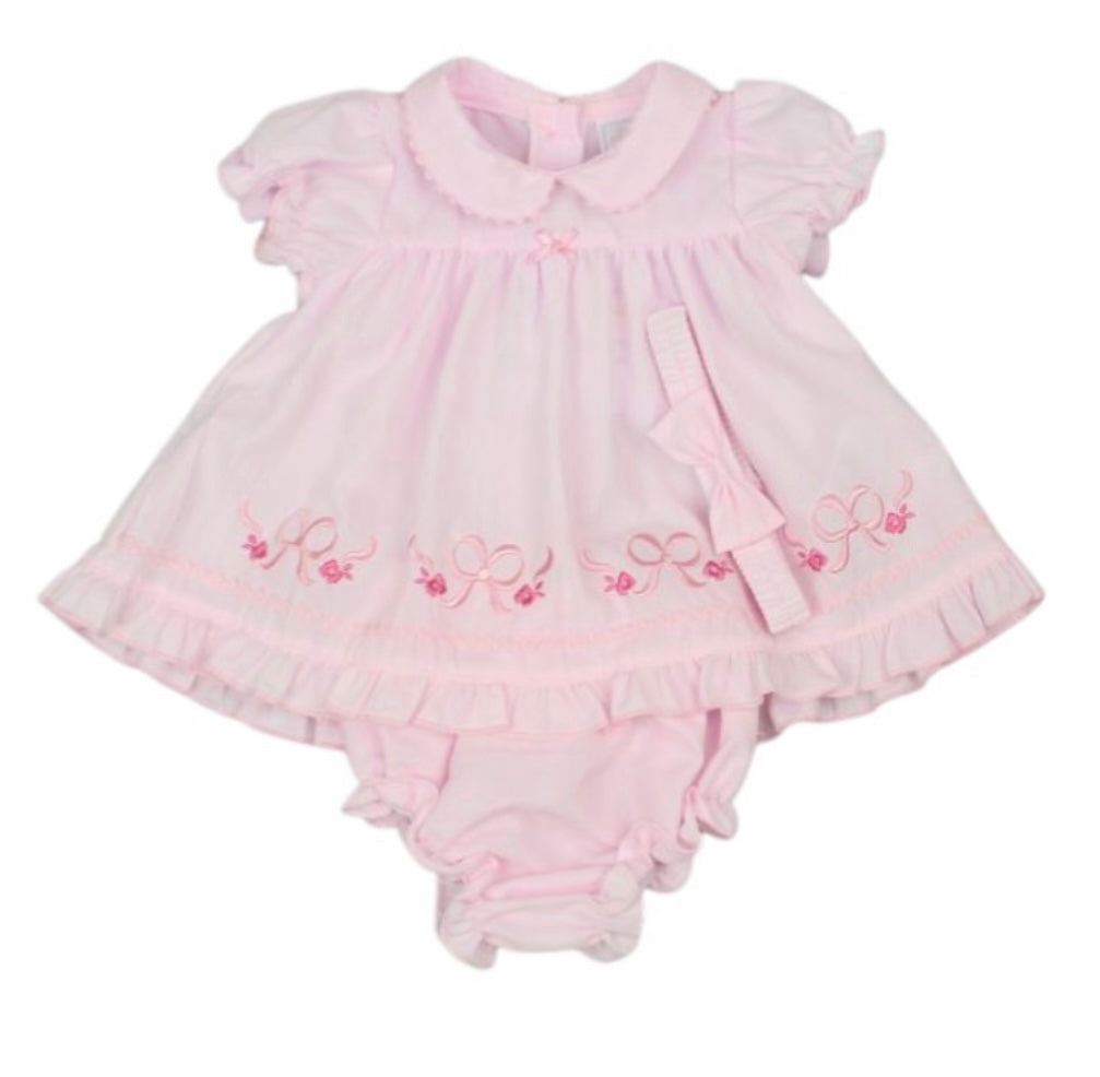 Baby Girls Pink Bow Dress, Bloomers & Headband Set