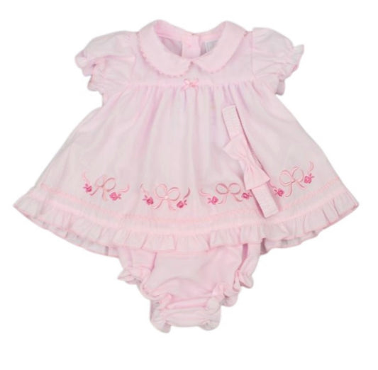 Baby Girls Pink Bow Dress, Bloomers & Headband Set