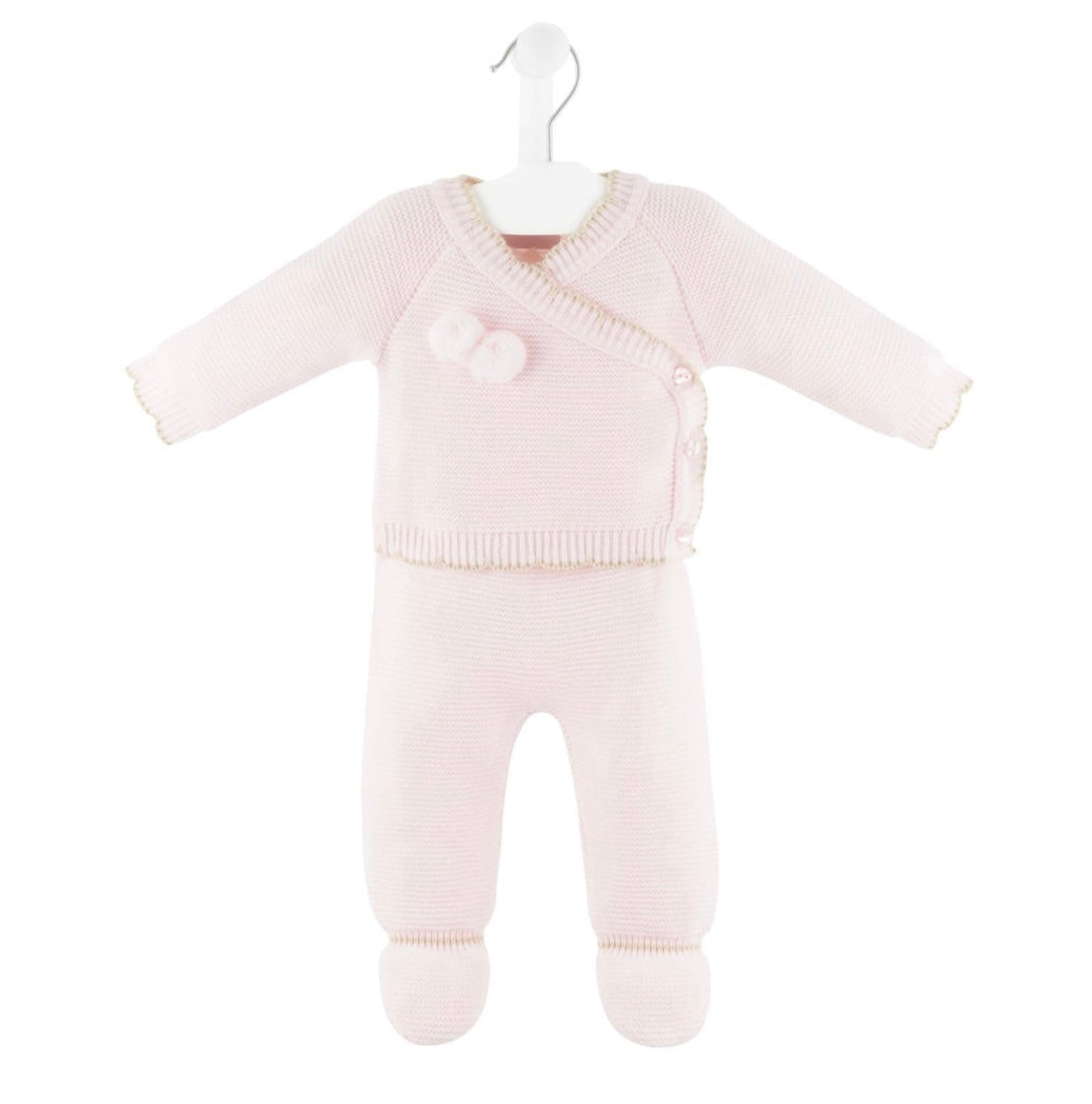 Baby Girls Pink/Taupe Knitted Two Piece Pom Pom Wrap Cardigan & Bottoms Set