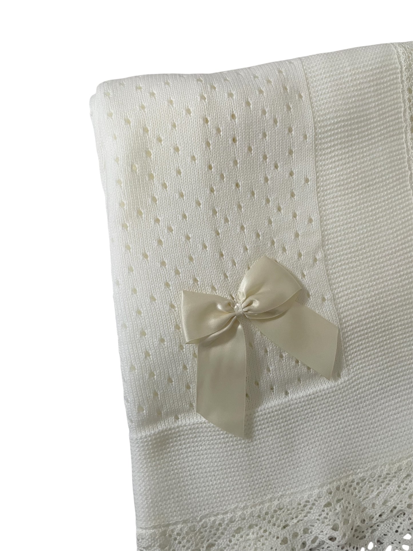 Beautiful Ivory Spanish Baby Blanket With Bow - 120x120cm