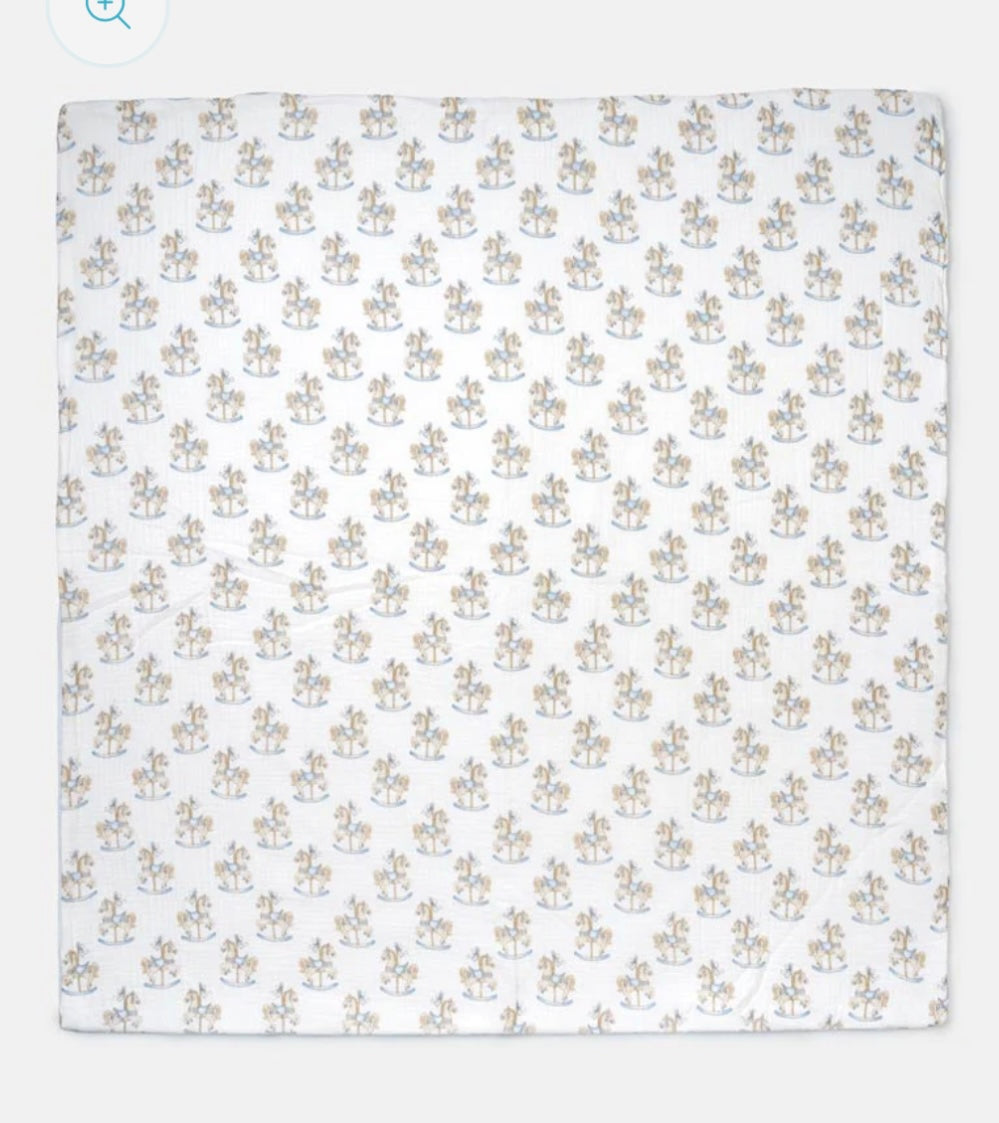 Baby Carousel Print Blanket - Beige, Blue or Pink - 90x90cm