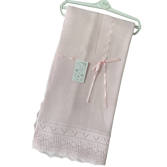 Pink Baby Girls Spanish Knitted Ribbon Trim Baby Blanket Shawl