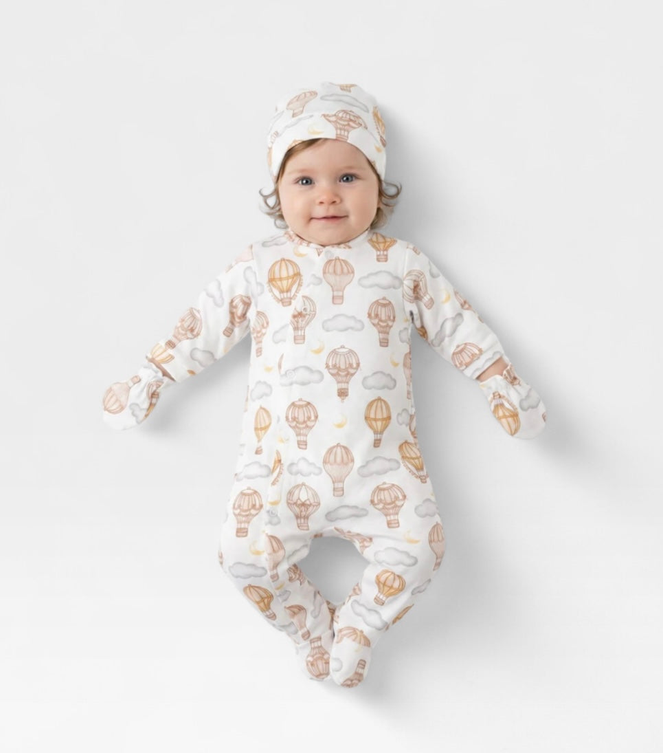Beige Hot Air Balloon Babygrow with Hat & Mittens, 0-3 Months - smaller fitting