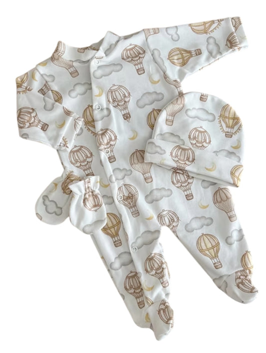 Beige Hot Air Balloon Babygrow with Hat & Mittens, 0-3 Months - smaller fitting