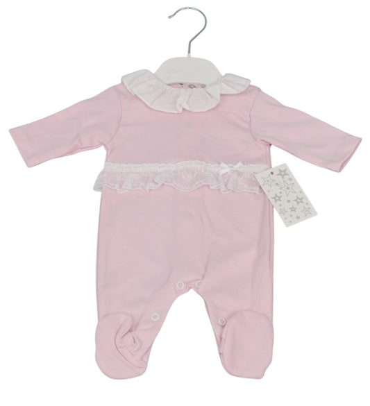 Baby Girls Pink Baby Grow With Lace And Frills