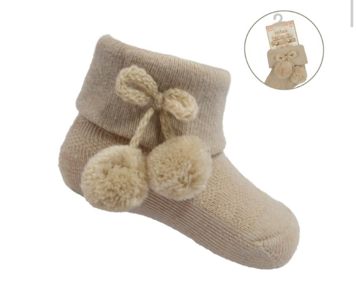 Beige Baby Boys Pom Pom Ankle Socks