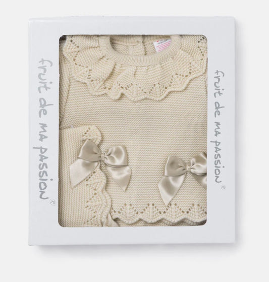 Beige Baby Girls Three Piece Box Set , Top, Trousers & Bonnett , 0-3 Months