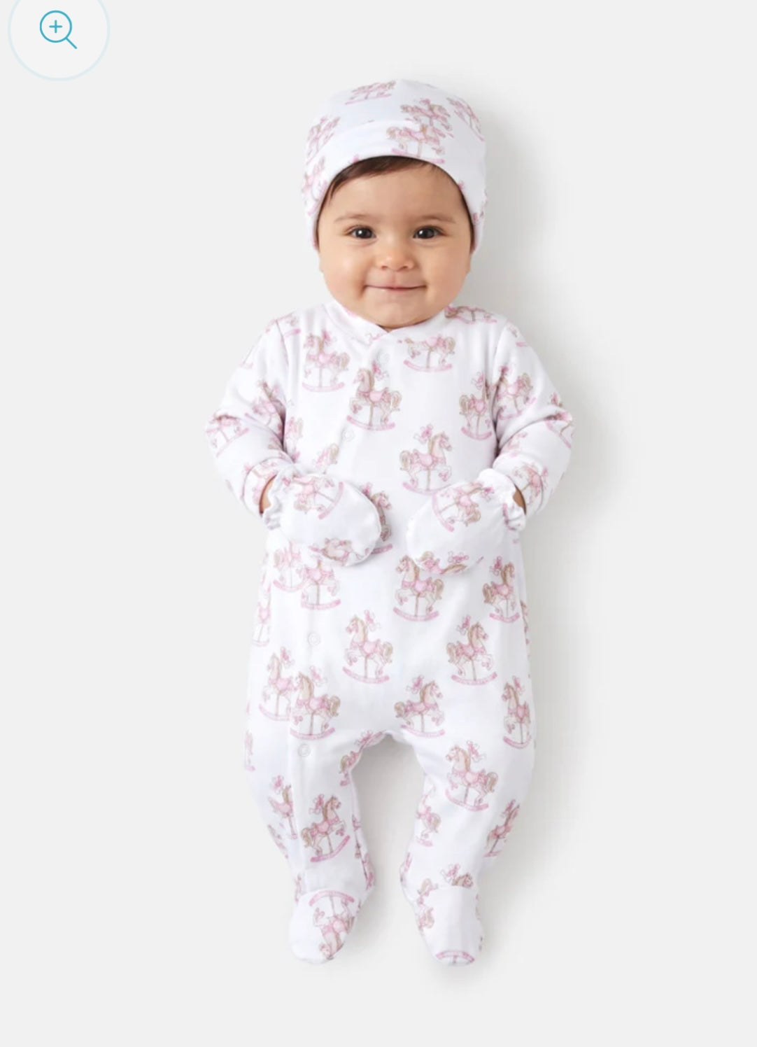 Pink Velour Baby Girls Carousel Sleepsuit Set with Hat & Mittens, 0-3 Months - small fitting