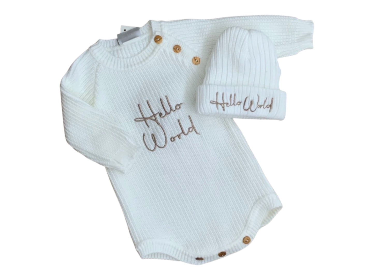 Newborn Unisex Hello world knitted romper and hat set